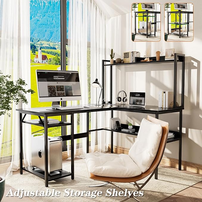 L Shaped Computer Desk with Hutch and Storage Shelves, Gaming Desk with LED - Image 2