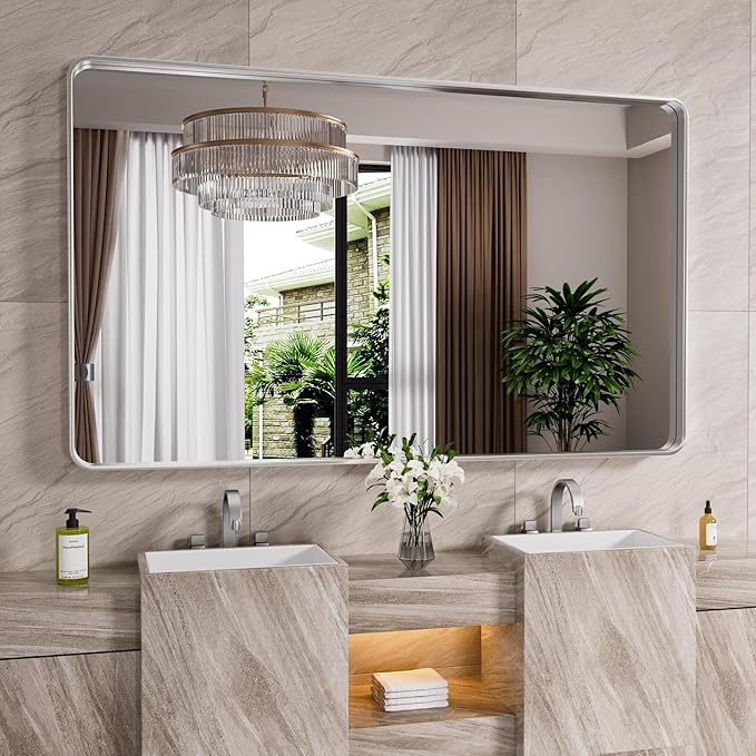 Brushed Nickel Bathroom Mirror 72x40 Inch, Brushed Silver Metal Frame Mirror - Image 2