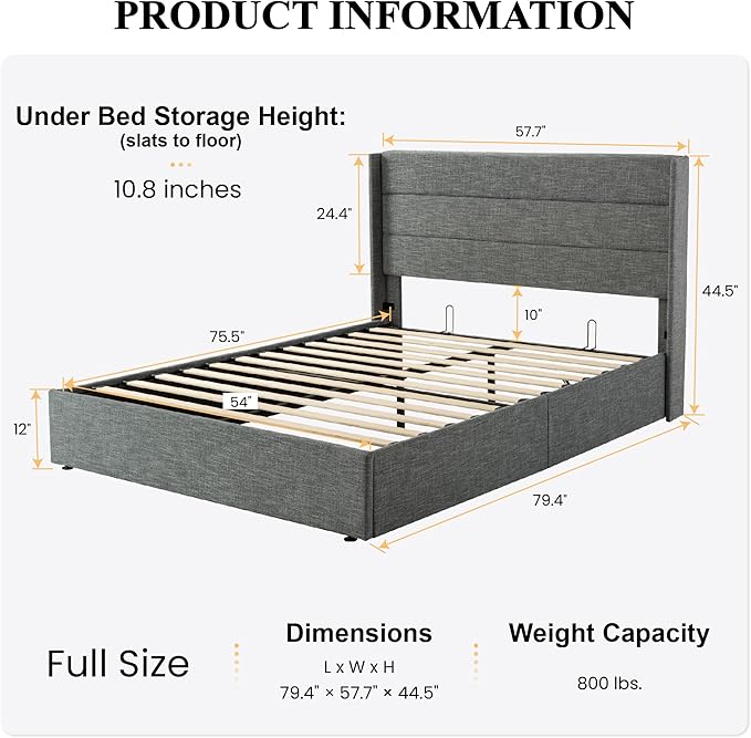 SHA CERLIN Full Size Lift Up Storage Bed/Modern Wingback Headboard/Upholstered - Image 2
