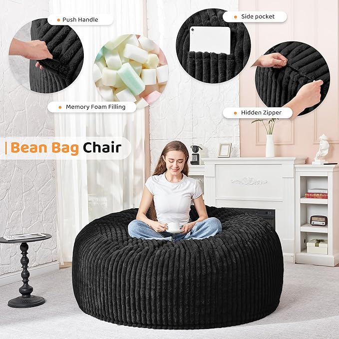 HABUTWAY 3FT Bean Bag Chair, Memory Foam Beanbag Chair - Image 3