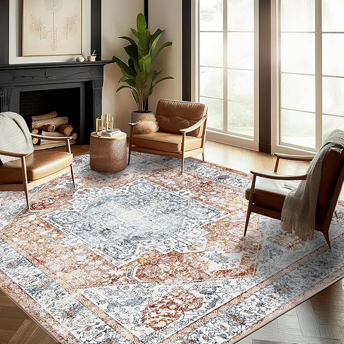 Area Rug 10x14 Washable Tangerine Vintage Traditional Mat Distressed Indoor by CHAMPLANT
