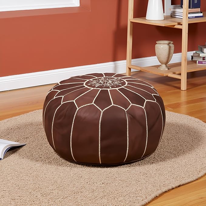 Stuffed Round Design Moroccan Leather Pouf Ottoman, Pre-Filled, 100% Genuine - Image 4