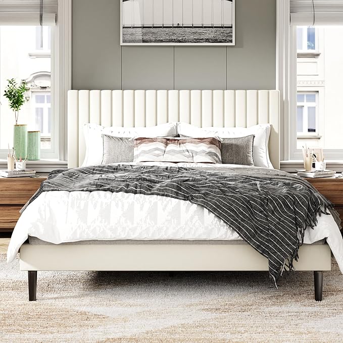 Queen Size Bed Frame with Velvet Upholstered Headboard, Platform Bed with by SISMPLLY