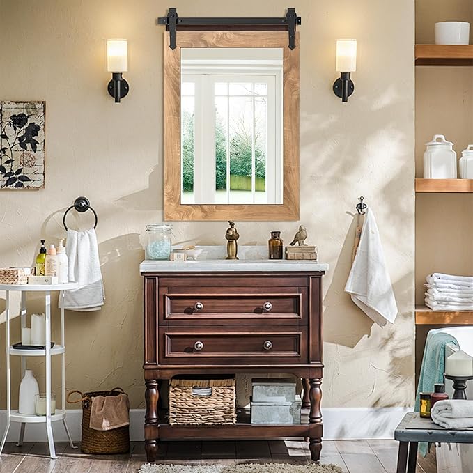 Farmhouse Bathroom Mirror 26”x40” Rustic Wood Framed Wall Mirror Barn Door - Image 7