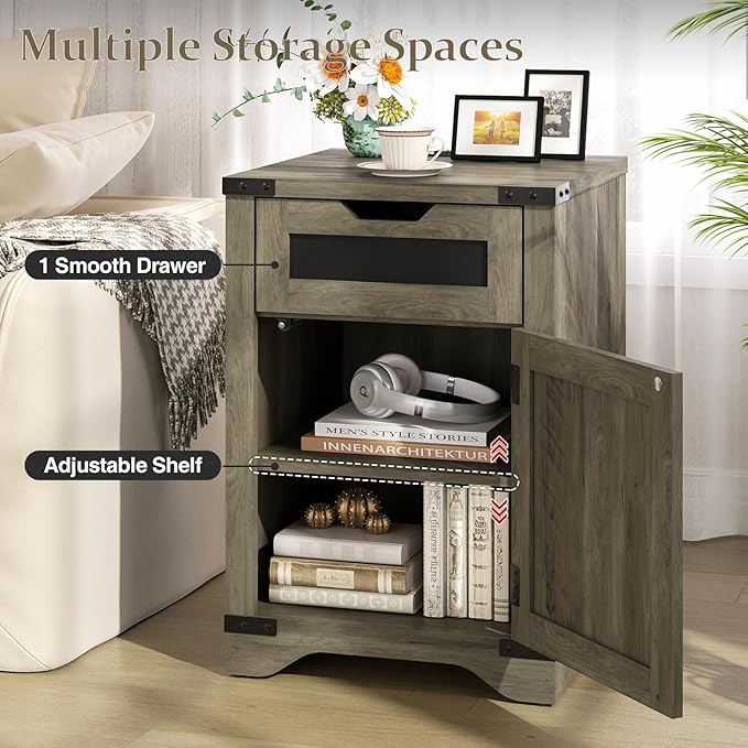Farmhouse End Table with Charging Station, 26.4" Tall Rustic Nightstand with - Image 3