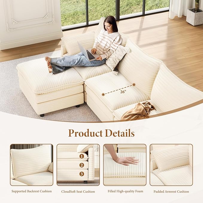 Vesgantti 142" U Shaped Sectional Couch, Comfy Cloud Modular Sectional Sofa - Image 4