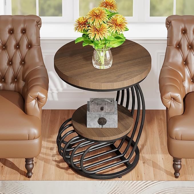 Tribesigns Round End Side Table: 2 Tiers Side Table Set of 2, Vintage End Table - Image 5