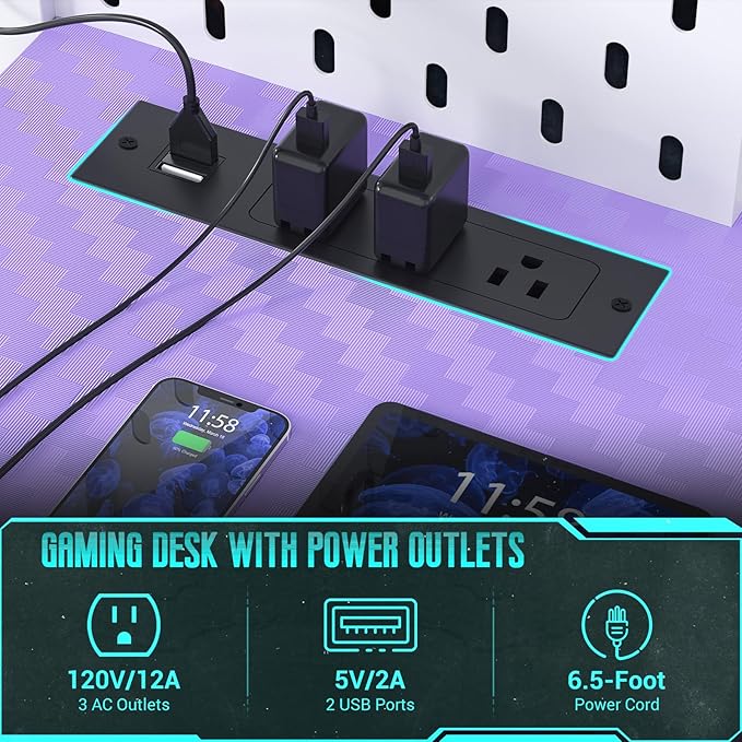 Gaming Desk with Hutch and LED Lights, Gaming Computer Desk with Power Outlets - Image 7