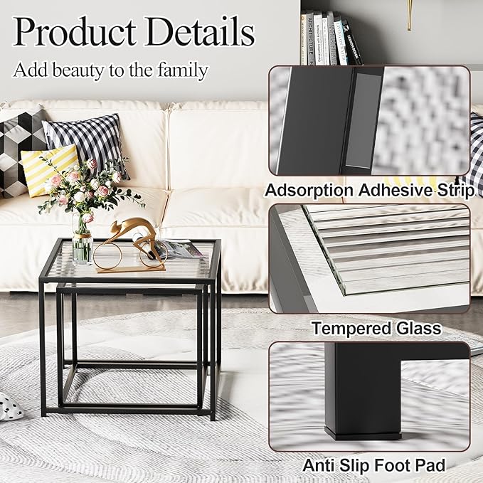 VILAWLENCE Coffee Table Set of 2, Modern Black Glass Side Table, Metal Frame - Image 5