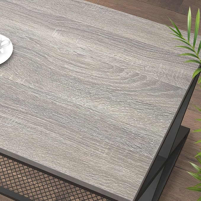 LVB Gray Coffee Table with Storage, Farmhouse Metal Wood 2 Tier Center Table - Image 4