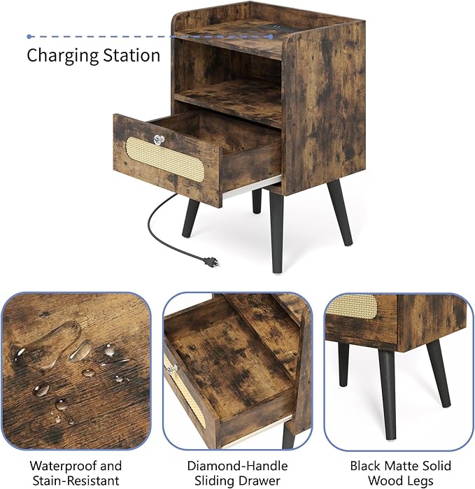 End Table with Diamond Handle, Nightstand/Bedside Table with Charging Station - Image 4