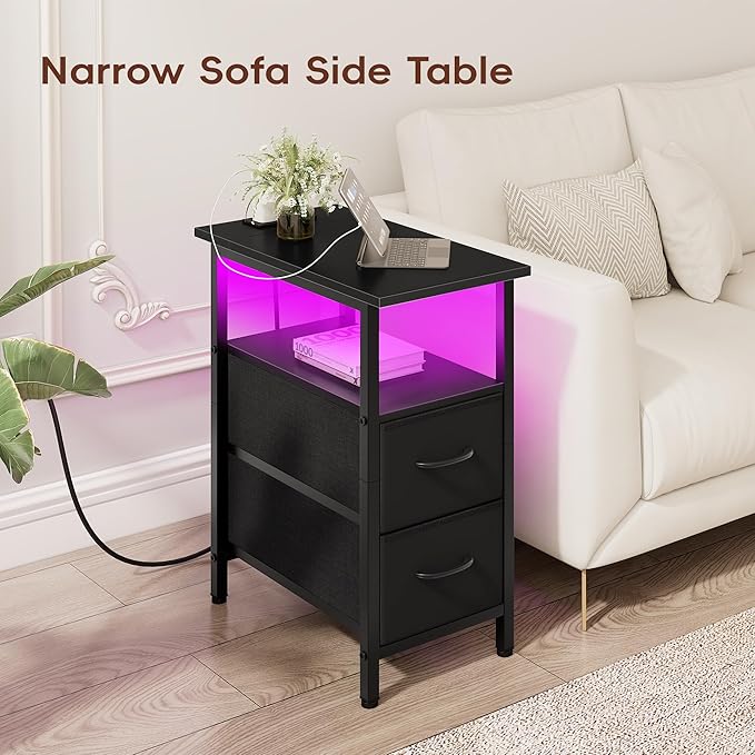Vagusicc Black Nightstand with Charging Station and LED Lights, Narrow Side - Image 7