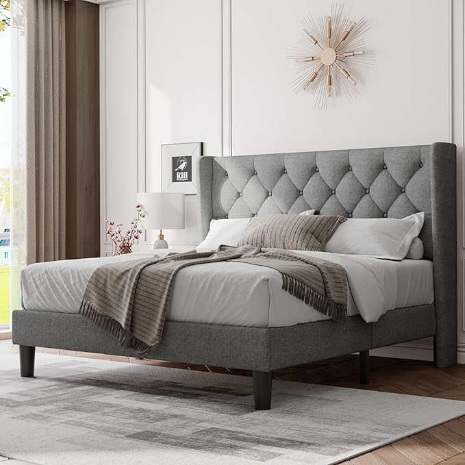 Feonase Queen Bed Frame with Upholstered Wingback Headboard, Platform Bed and by FEONASE