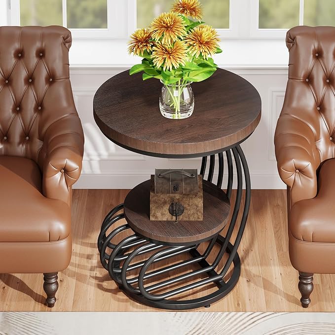 Tribesigns Round End Side Table: 2 Tiers Side Table Set of 2, Vintage End Table - Image 5