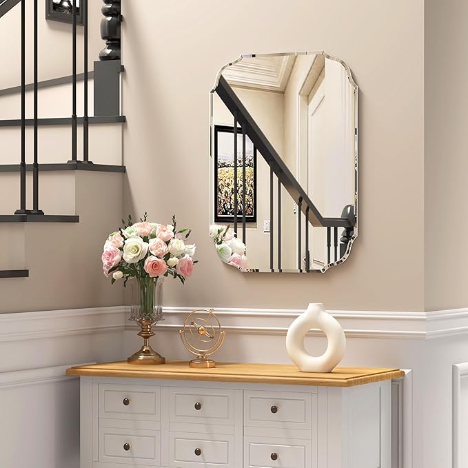 KOHROS Frameless Scalloped Beveled Edges Mirror 20" x 28" Bathroom Mirrors - Image 8