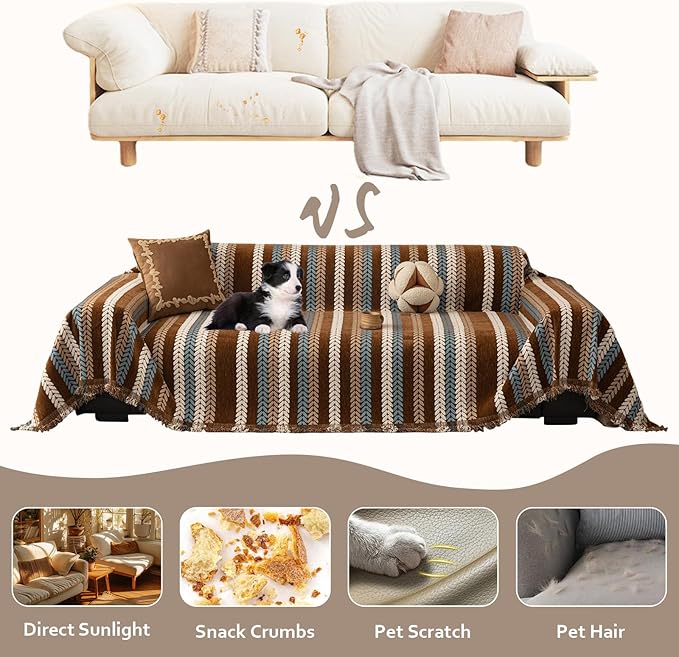 STACYPIK Khaki Jacquard Leaves Sofa Cover, Vintage Couch Cover - Image 4