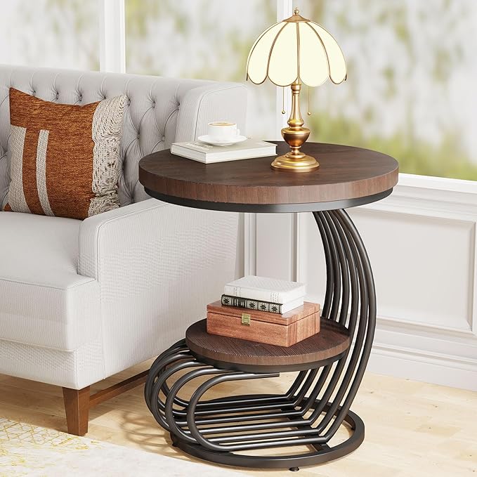 Tribesigns Round End Side Table: 2 Tiers Side Table Set of 2, Vintage End Table - Image 7