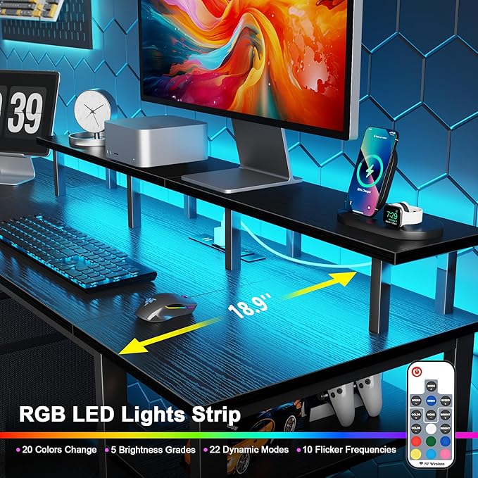 Furologee 61" Gaming Desk with Power Outlets & LED Lights, Reversible Computer - Image 3