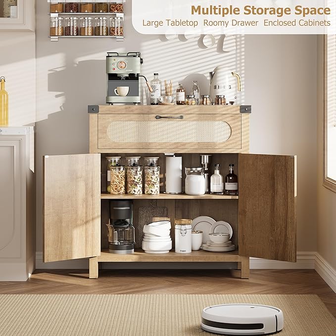 IDEALHOUSE Rattan Cabinet with Drawer, Sideboard with Synthetic Rattan-Accent - Image 3