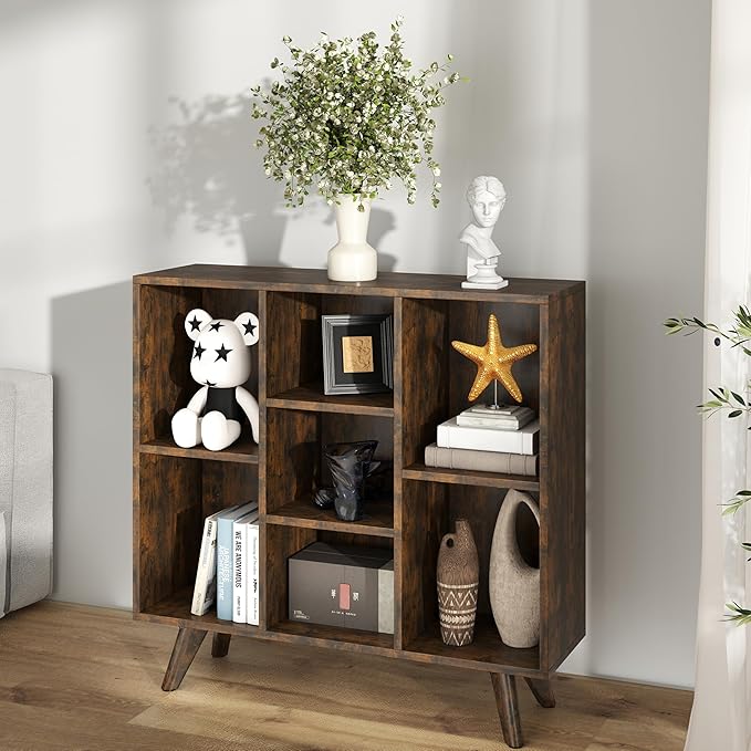 Manora Rustic Brown 7 Cube Mid Century Modern Bookshelf, Wooden Storage - Image 2