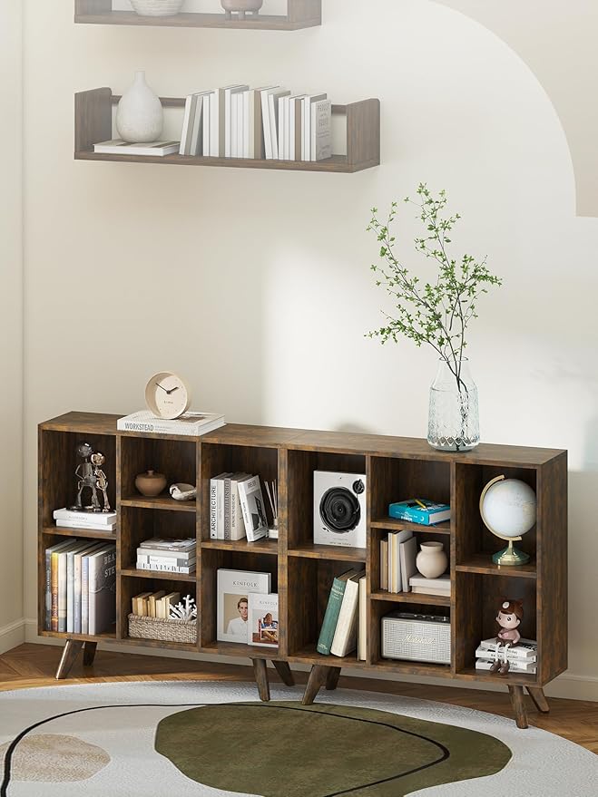 Manora Rustic Brown 7 Cube Mid Century Modern Bookshelf, Wooden Storage - Image 4