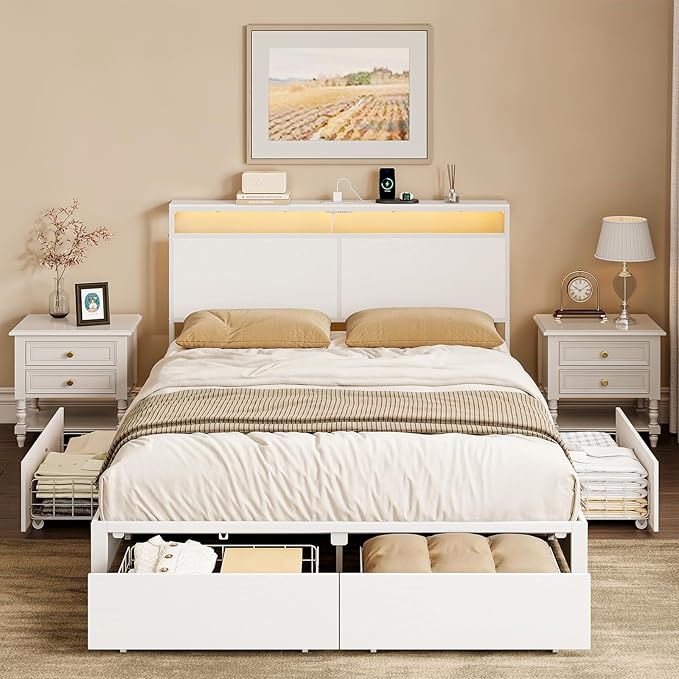 King Bed Frame with 4 Storage Drawers Bed Frame King Size with Headboard LED - Image 3