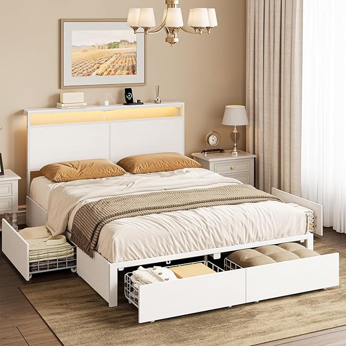 King Bed Frame with 4 Storage Drawers Bed Frame King Size with Headboard LED by HAUSOURCE