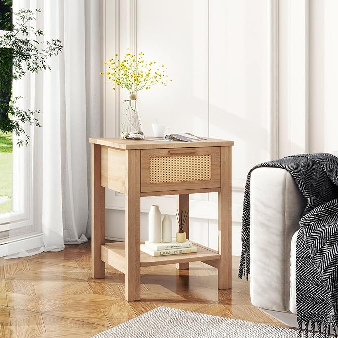 IBUYKE Rattan Nightstand Set of 2, Boho Night Stand - Image 2