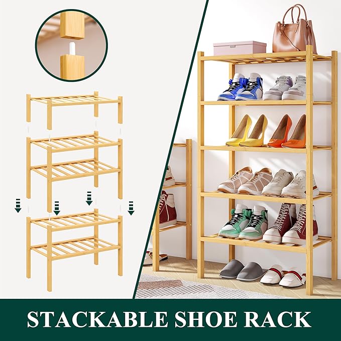 Smiry Shoe Rack, 4 Tier Small Bamboo Shoe Organizer, Stackable Free Standing - Image 4