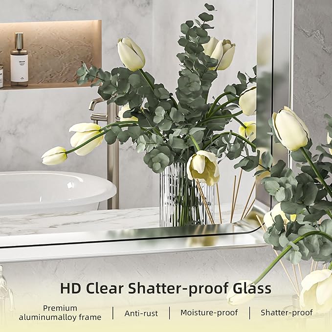 Hasipu Brushed Silver Bathroom Mirror 50x40 Inch Rounded Rectangle Vanity - Image 5