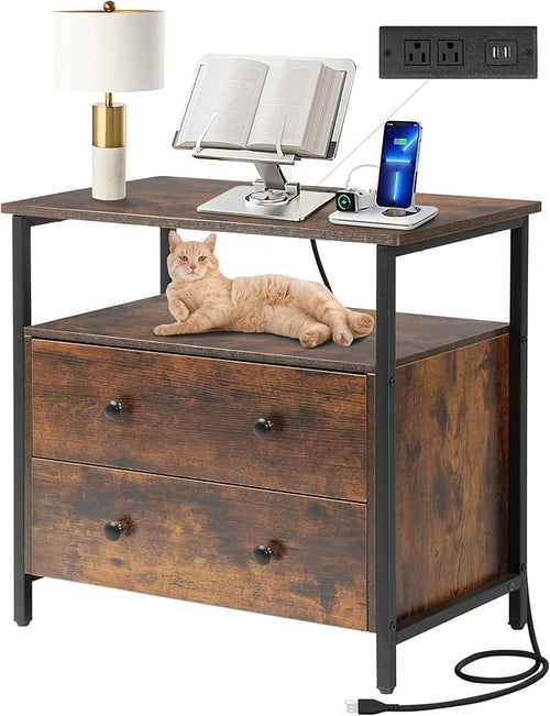 27 inch Wide Nightstand with Charging Station, Bedside Table with Open Shelf by Edbuosy