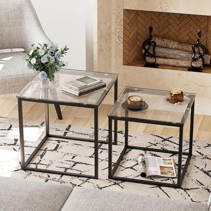 VILAWLENCE Coffee Table Set of 2, Modern Black Glass Side Table, Metal Frame by VILAWLENCE