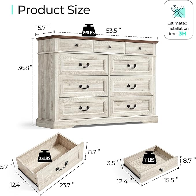 LINSY HOME 9 Drawers Dresser for Bedroom, Modern Farmhouse Large Dresser TV - Image 3