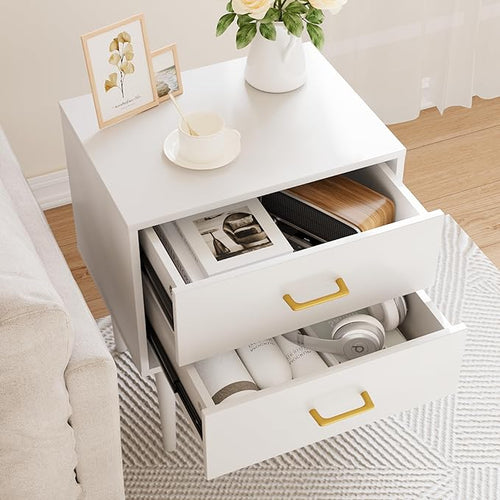 26 H White Nightstand with 2 Drawers, Small Night Stand with Gold Handles - Image 2