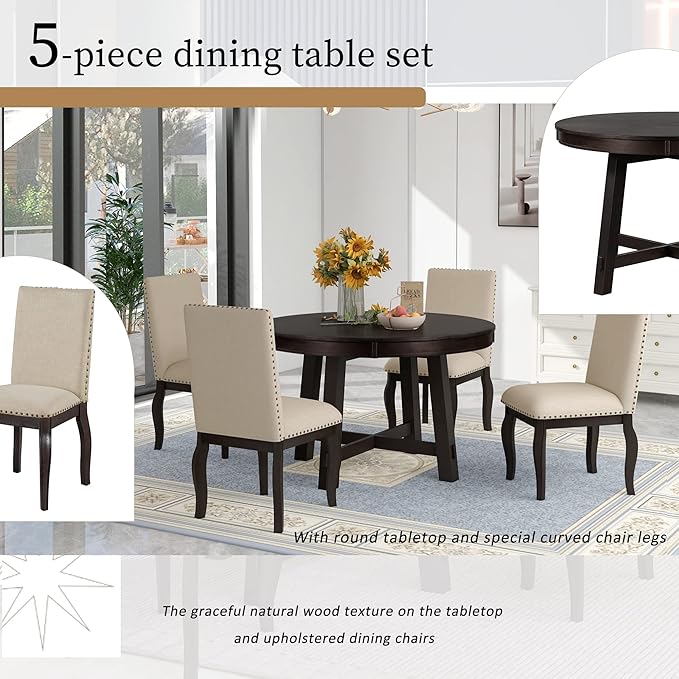 5 Pieces Dining Table Set with 43" Round Extendable Desk, Living Room Furniture - Image 5