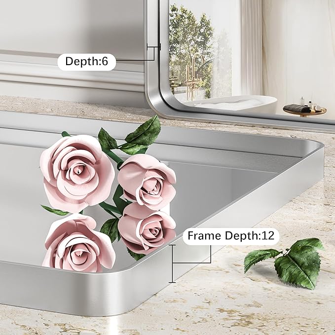 Hasipu Brushed Silver Bathroom Mirror 50x40 Inch Rounded Rectangle Vanity - Image 4