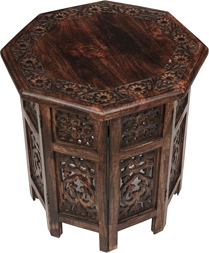 The Wooden Town End Tables for Living Room– Hand Carved Vintage Boho Folding - Image 9