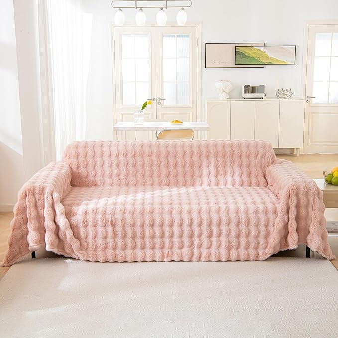 VM VOUGEMARKET Pink Sofa Cover Thick Shaggy Fluffy Sectional Couch Cover Plush by VMVOUGEMARKET