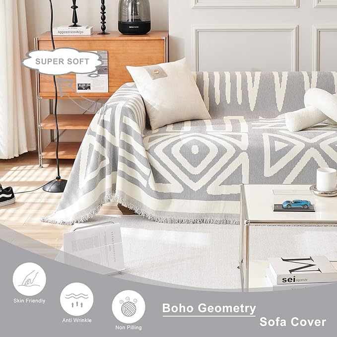 STACYPIK Boho Couch Cover, Chenille Gray Triangle Sofa Cover - Image 8