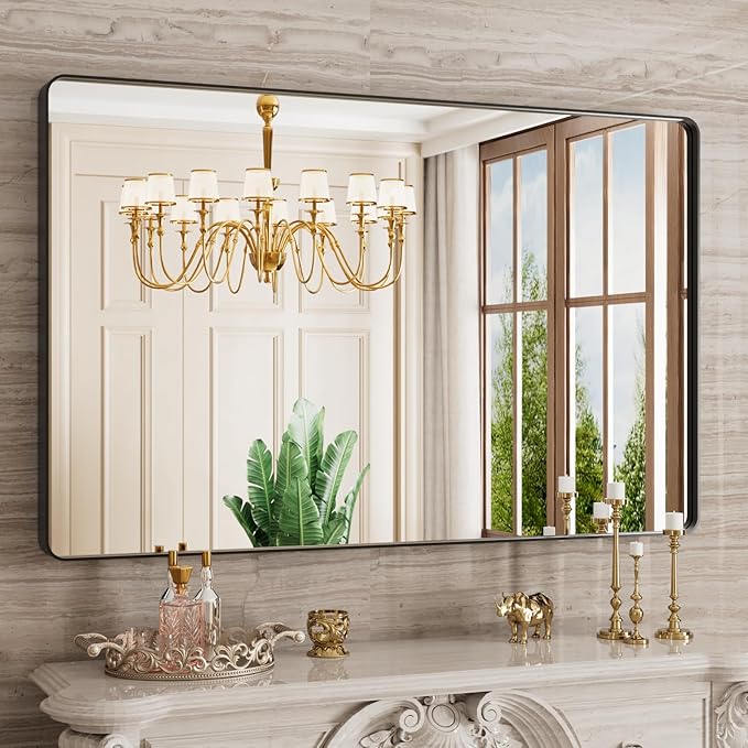 48X30 Inch Black Bathroom Mirror, Rounded Rectangle Matte Bathroom Vanity Mirror - Image 2