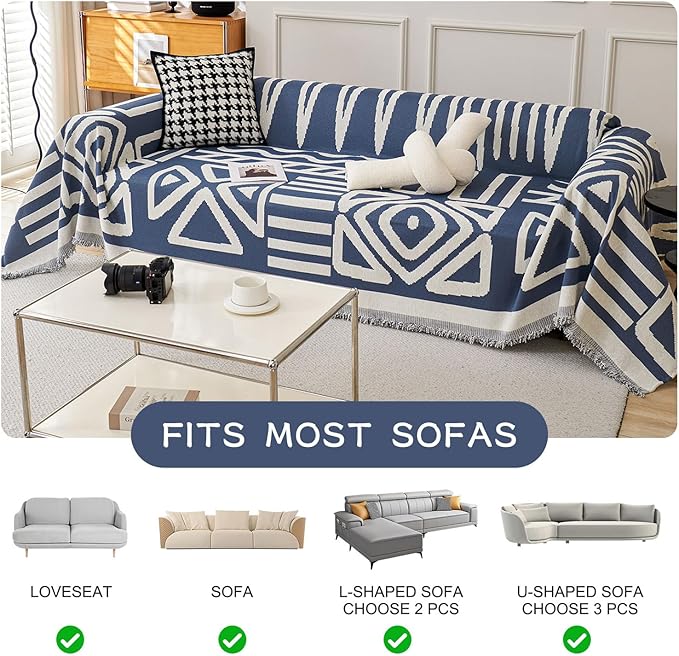 STACYPIK Boho Chenille Blue Sofa Cover L Shaped Couch Cover Reversible Couch - Image 8