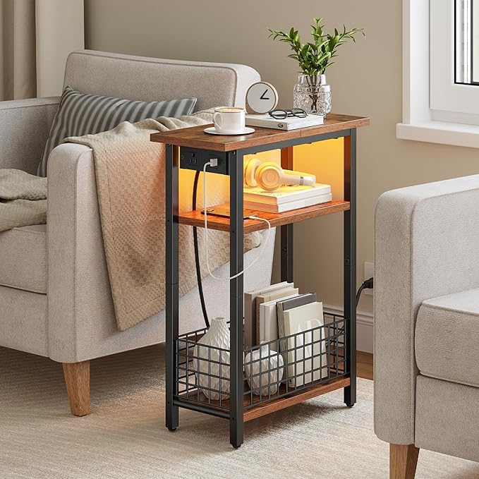 HOOBRO Narrow Side Table with Charging Station and LED Light, Small End Table - Image 4