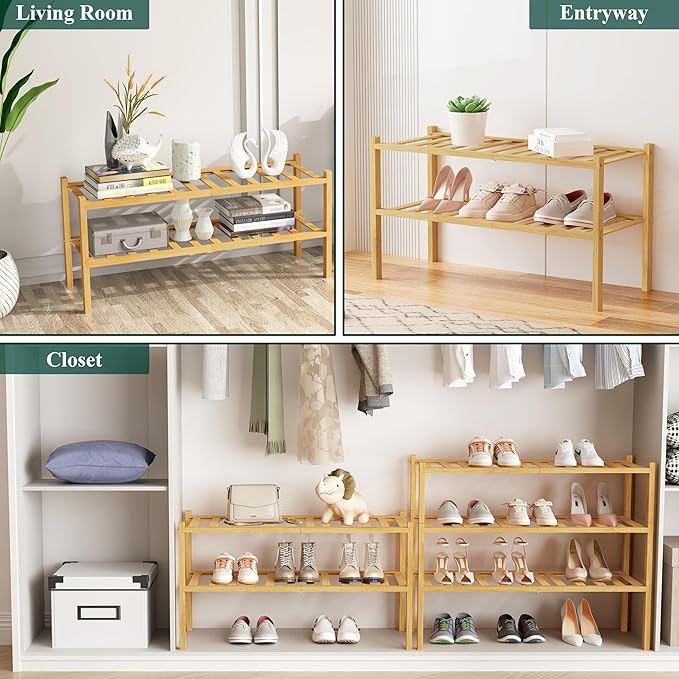 Smiry Shoe Rack, 2 Tier Bamboo Shoe Organizer, Stackable Free Standing Wooden - Image 7