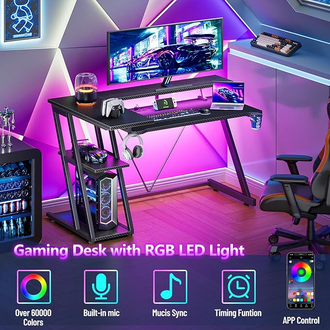 40 Inch Gaming Desk with Power Outlet & LED Lights, L Shaped Computer Gaming - Image 5