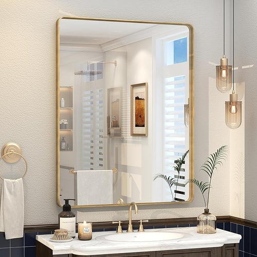 28x36 Gold Framed Bathroom Mirror, Brushed Gold Metal Vanity Mirror, Rectangle by VANLIOBathroomMirror