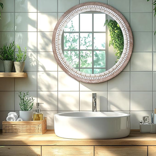 24 Inch Wooden Round Mirror for Wall Decor, Farmhouse Rustic Decorative Circle - Image 2