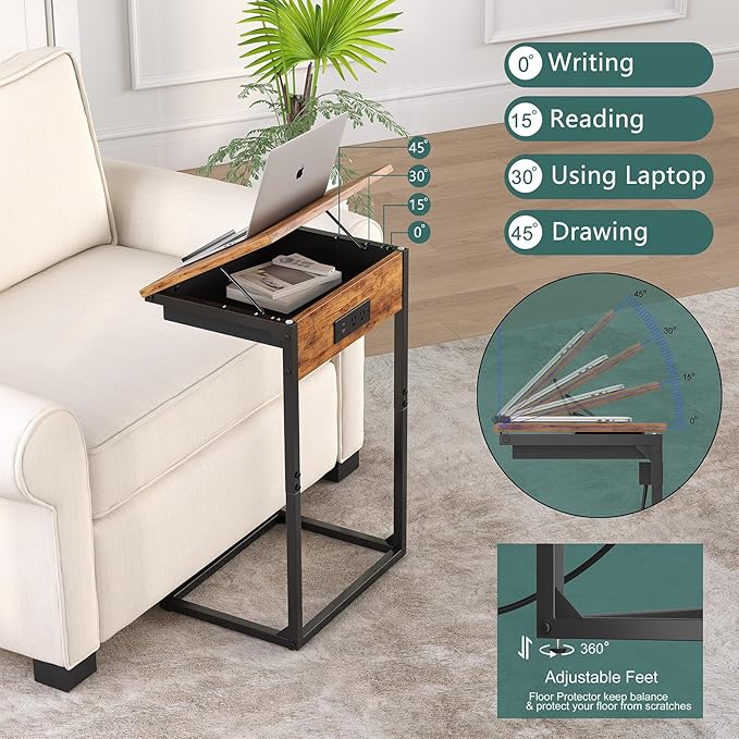 C Shaped End Table with Charging Station, 45° Tiltable Adjustable Flip Top Side - Image 4
