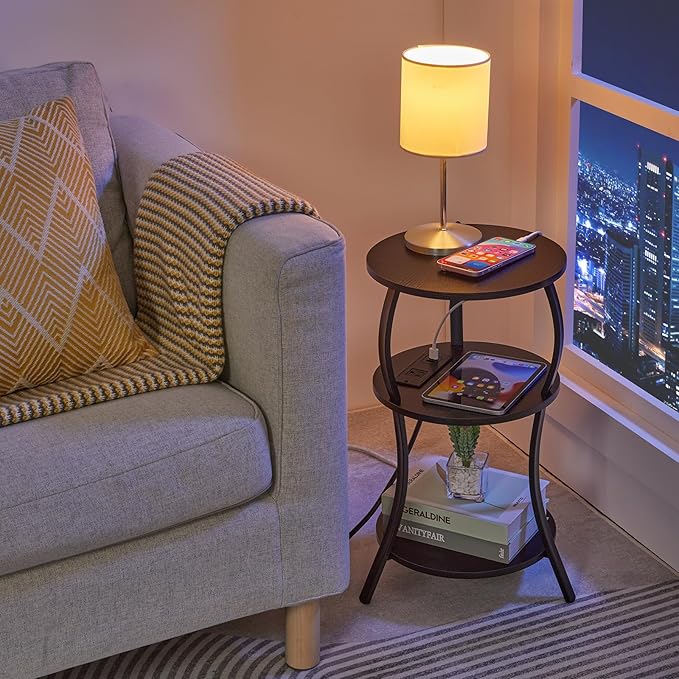 Small Round Side Table with Charging Station, 3-Tier Waist Circular End Table - Image 8