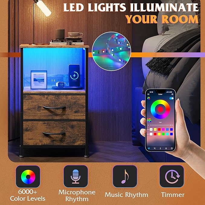 WLIVE Night Stand with Charging Station, LED Nightstand with 2 Fabric Drawers - Image 4
