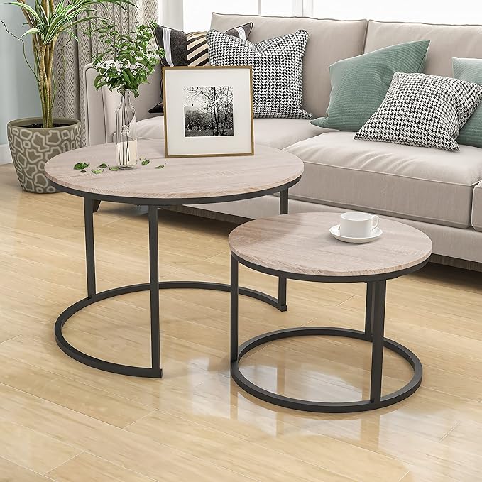 Industrial Round Coffee Table Set of 2 End Table by HOJINLINERO
